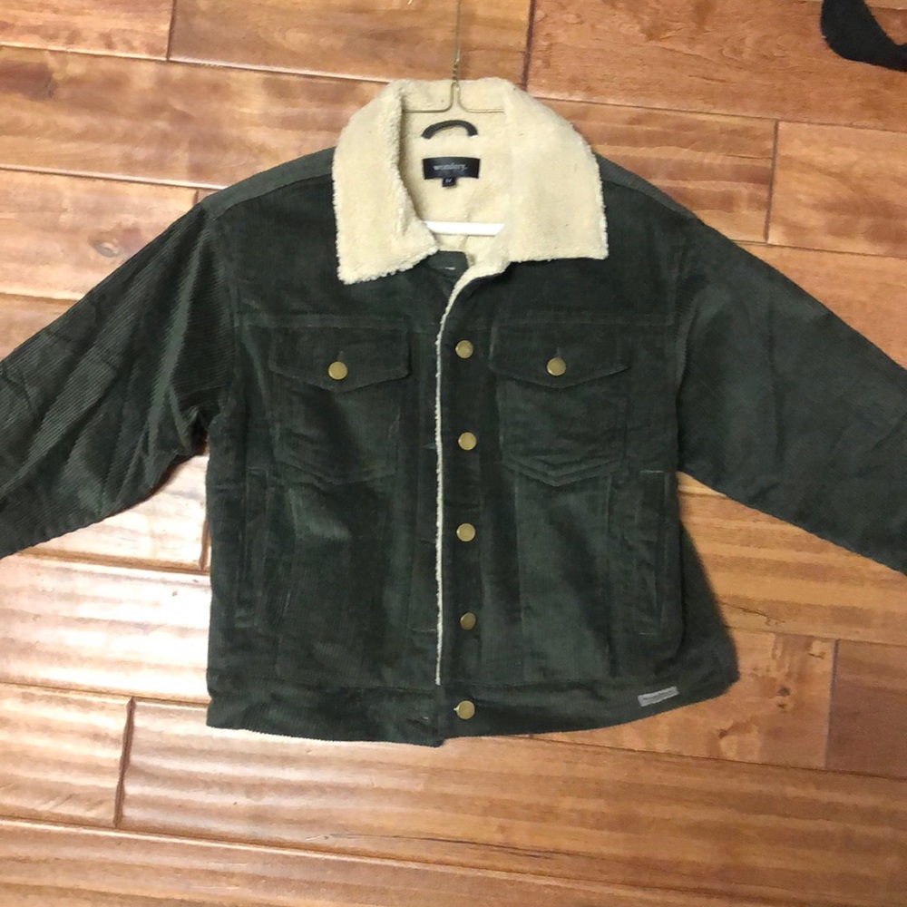 Green corduroy jacket with fleece lining.